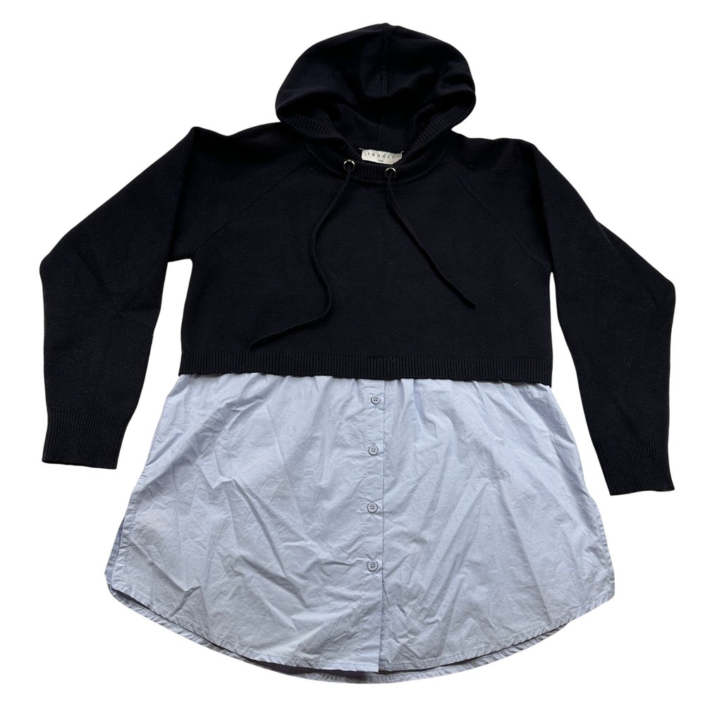 Sandro Paris Black‎ Knit Hoodie Blue Cotton Sweater Shirt Top Size 1